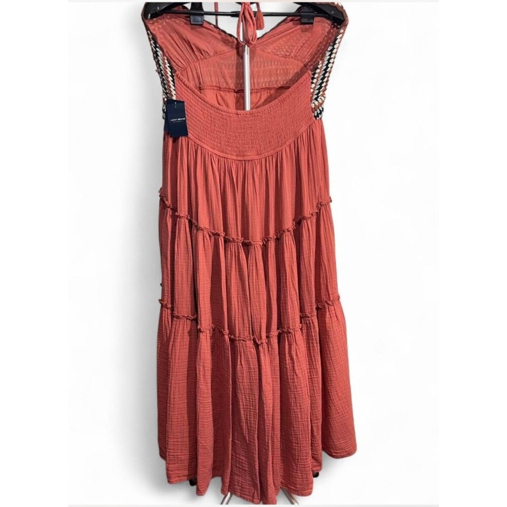 LUCKY BRAND BOHO BURNT ORANGE MIDI DRESS CROCHET BODICE SZ XL - Picture 3 of 4